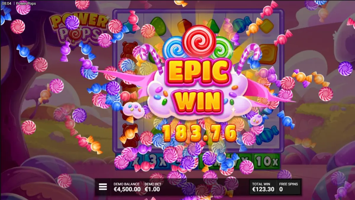 Tampilan visual slot Power Pops dengan tema permen dan lolipop yang ceria